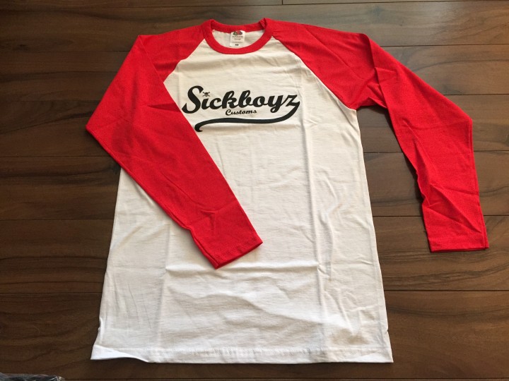 Sickboyz White Baseball Tee with Red Sleeves and Black Retro Logo