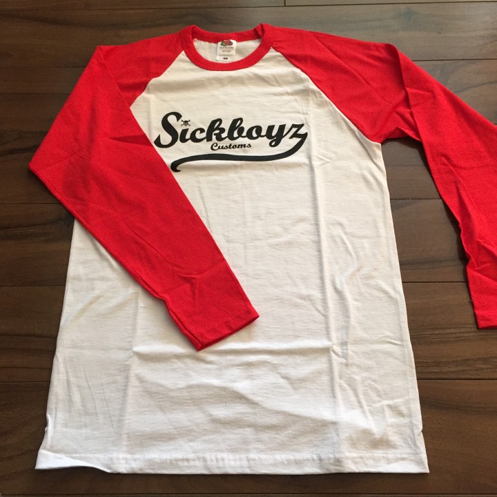 Sickboyz White Baseball Tee with Red Sleeves and Black Retro Logo