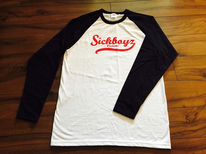 Sickboyz White Baseball Top with Black Sleeve and Red Retro Logo