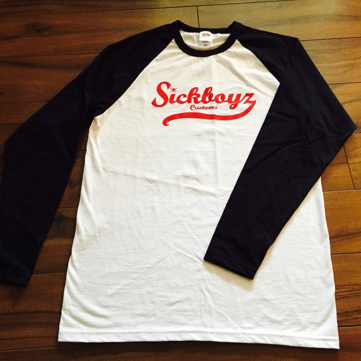 Sickboyz White Baseball Top with Black Sleeve and Red Retro Logo